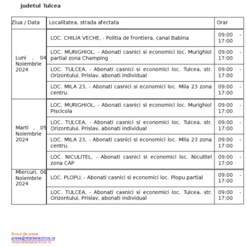 Intreruperi de curent electric în județul Tulcea între 4 și 10 noiembrie 2024